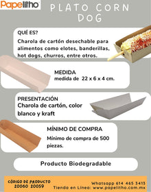 Plato CORN DOG Biodegradable / color blanco -  INCLUYE 500 PIEZAS